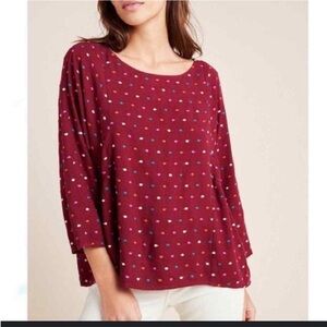Maeve by Anthropologie Dottie embroidered Polka Dot Top Size Medium in Burgundy